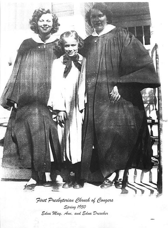 Edna Mae Drescher, left, her sister Ann Drescher (now Ann Drescher McGrade) and their mother, Edna Drescher, on the steps of the First Presbyterian Church of Congers in the spring of 1950.