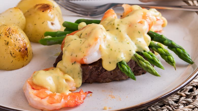 Steak oscar with shrimp and potatoes