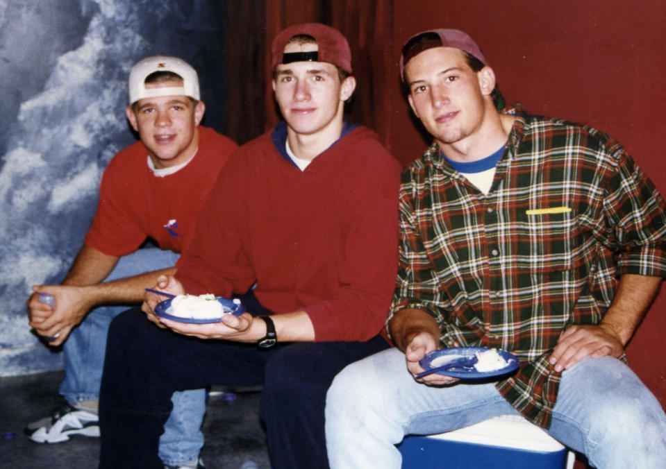 Jonny Rodgers (left) Drew Brees (middle) and teammate Jamie Tyler (right) were three of the key players on Westlake’s 1996 state championship team. (photo via Jonny Rodgers)