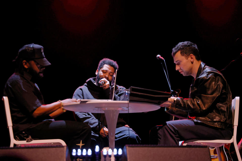 NEW YORK, NEW YORK - DECEMBER 19: Sam Dew, Sounwave, and Jack Antonoff of Red Hearse perform during The 9th Annual Talent Show presented by The Ally Coalition at Skirball Center for the Performing Arts on December 19, 2023 in New York City. (Photo by Taylor Hill/Getty Images for The Ally Coalition)