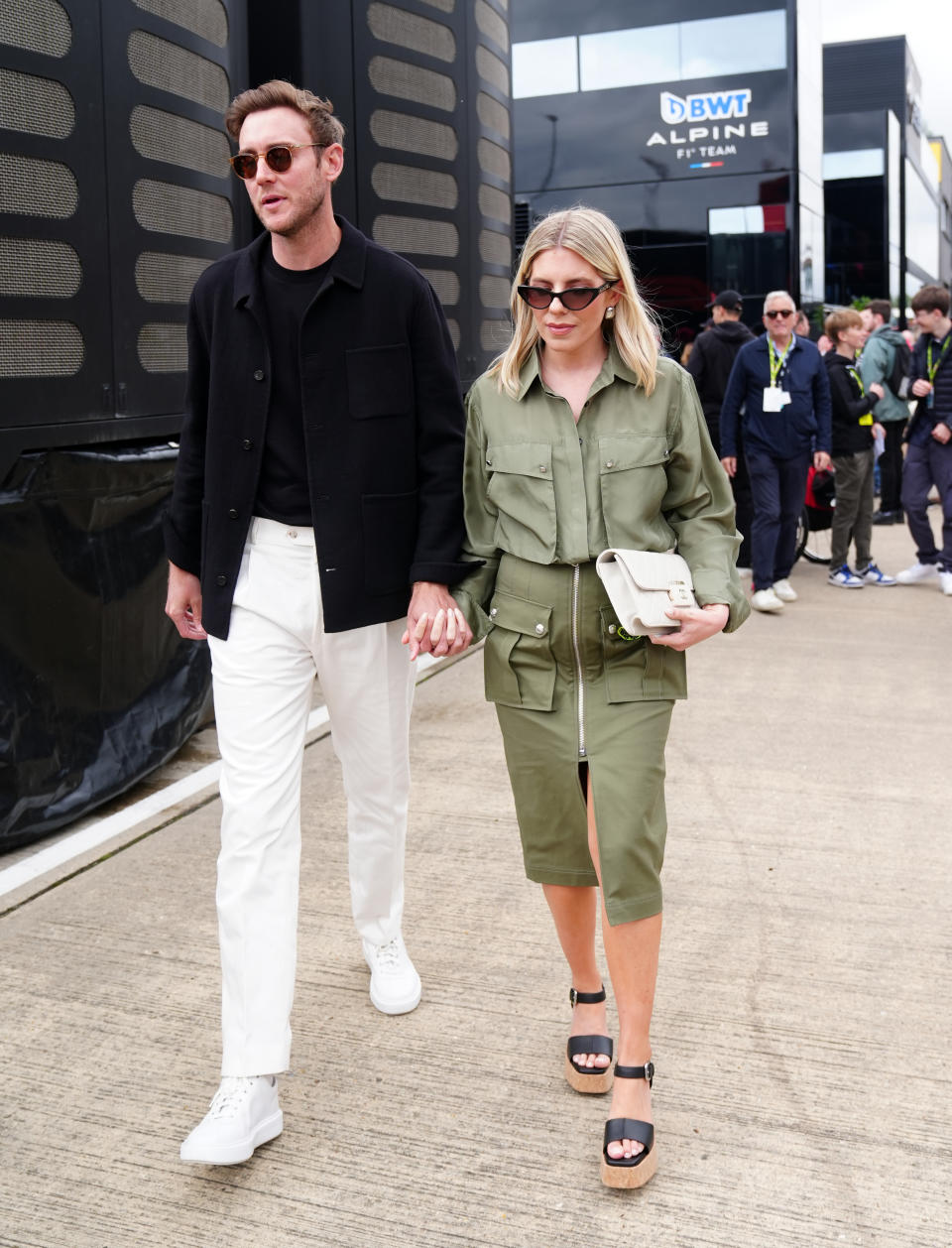 Stuart Broad and Mollie King arriving at Silverstone Circuit, Northamptonshire. Picture date: Sunday July 7, 2024. (Photo by David Davies/PA Images via Getty Images)