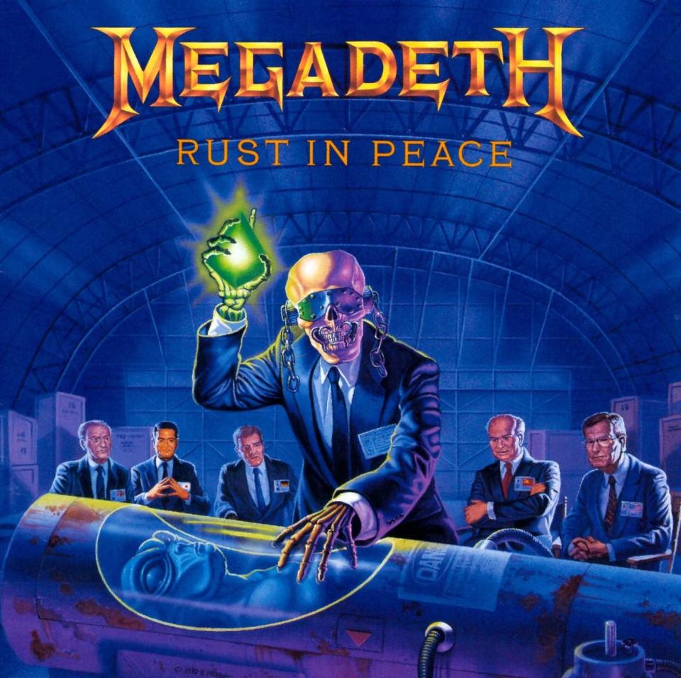 "Rust In Peace" erschien 1990 und war das vierte Album der Band. Bemerkenswert: das Cover, das neben dem Bandmaskottchen fünf damals wichtige Staatsmänner der Erde zeigt. In den neun Songs geht es um Krieg, Zerstörung und eben auch die Politik. (Bild: Universal Music)