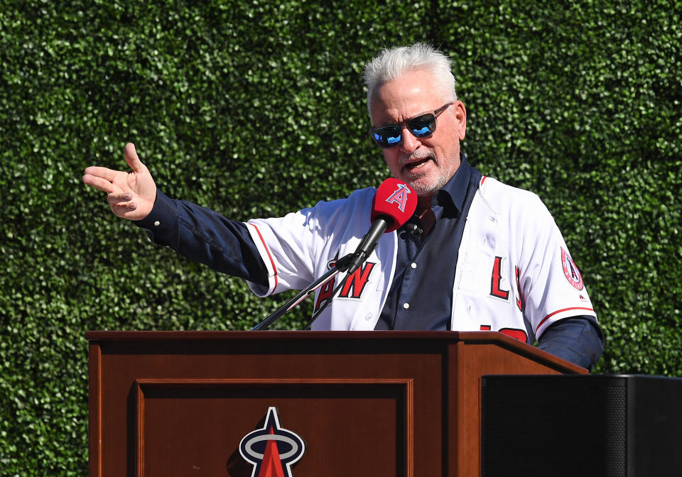 New Angels manager Joe Maddon couldn't help but needle the Cubs during his introductory press conference. (Photo by John Cordes/Icon Sportswire via Getty Images)