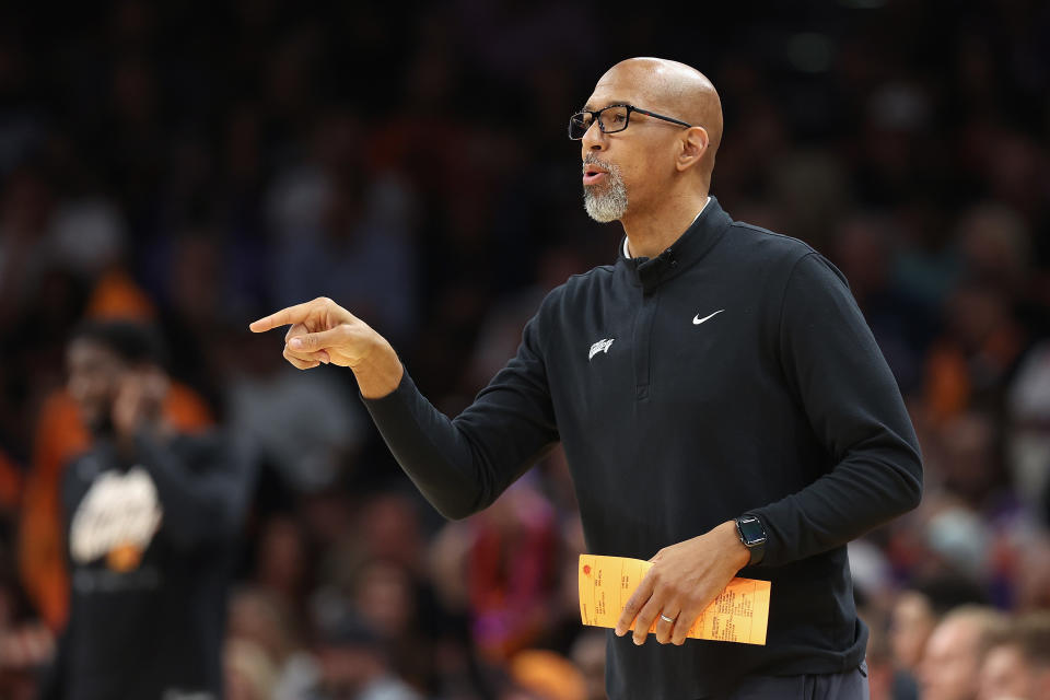 PHOENIX, ARIZONA - MAY 04: Head coach Monty Williams of the Phoenix Suns reacts during the first half of Game Two of the Western Conference Second Round NBA Playoffs at Footprint Center on May 04, 2022 in Phoenix, Arizona.  NOTE TO USER: User expressly acknowledges and agrees that, by downloading and or using this photograph, User is consenting to the terms and conditions of the Getty Images License Agreement. (Photo by Christian Petersen/Getty Images)