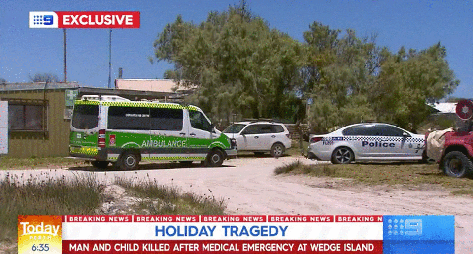 A man and a boy have been found dead on Wedge Island off the coast of Western Australia. Pictured is an ambulance and a police car at the scene.