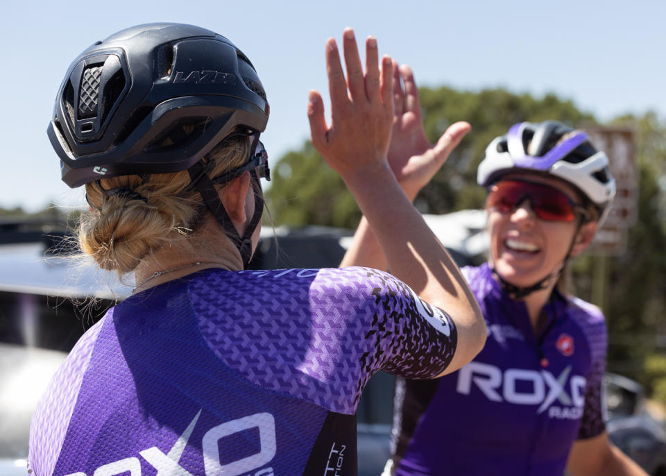 Nadia Gontova (left) (Roxo Racing) congratulated by teammate Emily Newsom on her 3rd place finish