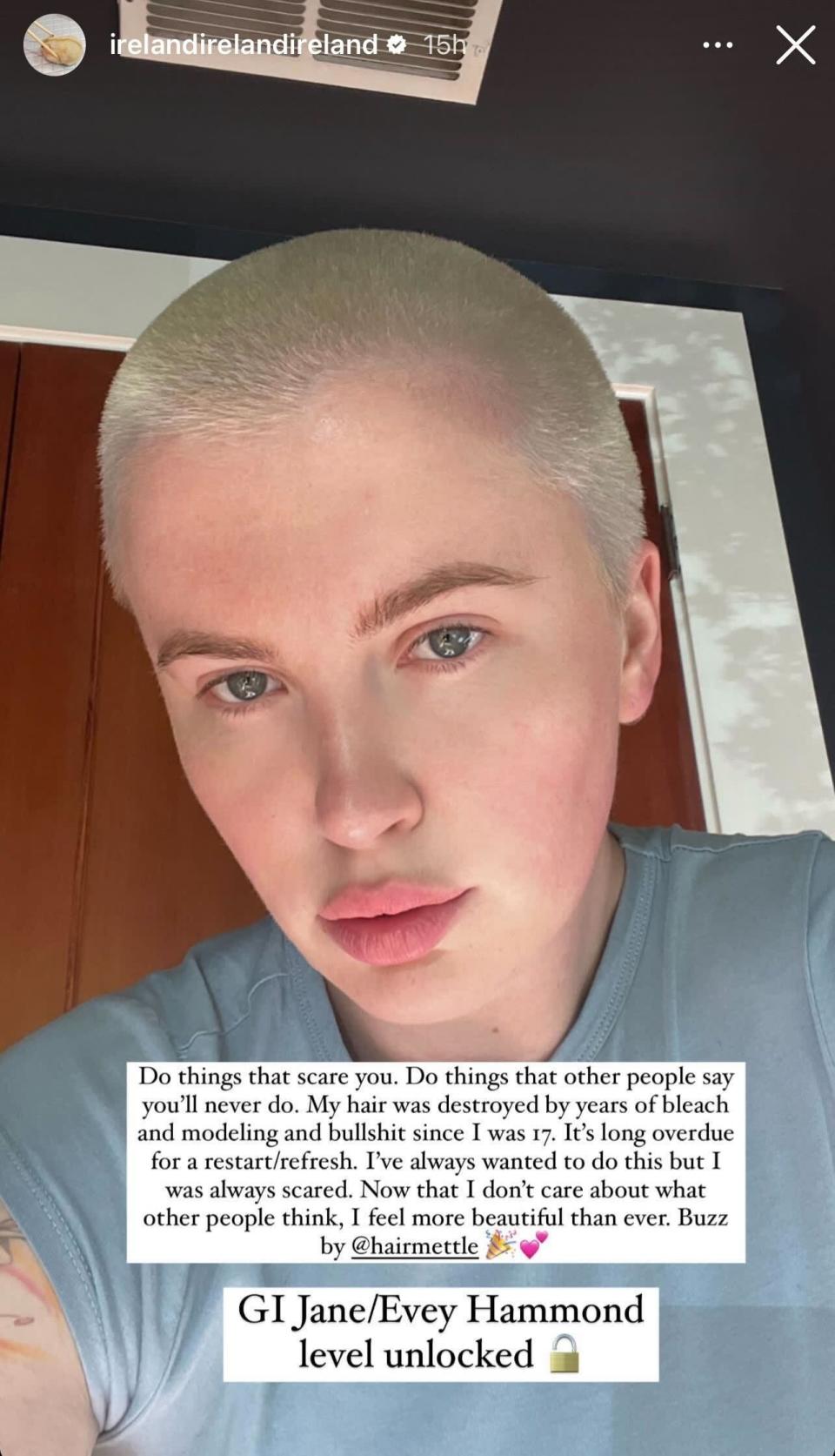 Ireland Baldwin takes a selfie to celebrate her shaved head.