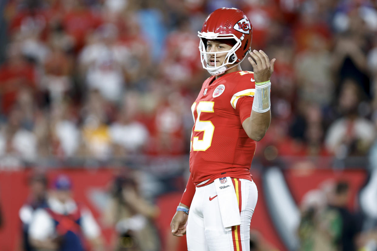 TAMPA, FLORIDA - OCTOBER 02: Patrick Mahomes #15 of the Kansas City Chiefs reacts against the Tampa Bay Buccaneers during the first quarter at Raymond James Stadium on October 02, 2022 in Tampa, Florida. (Photo by Douglas P. DeFelice/Getty Images)