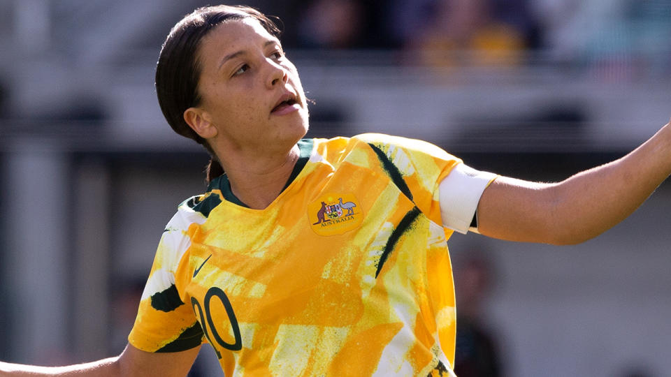 Matildas captain Sam Kerr was caught up in a brief dispute with budget airliner Jetstar over her passport, which the airline said was damaged. (Photo by Steve Christo - Corbis/Corbis via Getty Images)