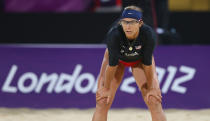 LONDON, ENGLAND - JULY 28: Misty May-Treanor of the United States looks on during the Women's Beach Volleyball Preliminary Round on Day 1 of the London 2012 Olympic Games at Horse Guards Parade on July 28, 2012 in London, England. (Photo by Ryan Pierse/Getty Images)