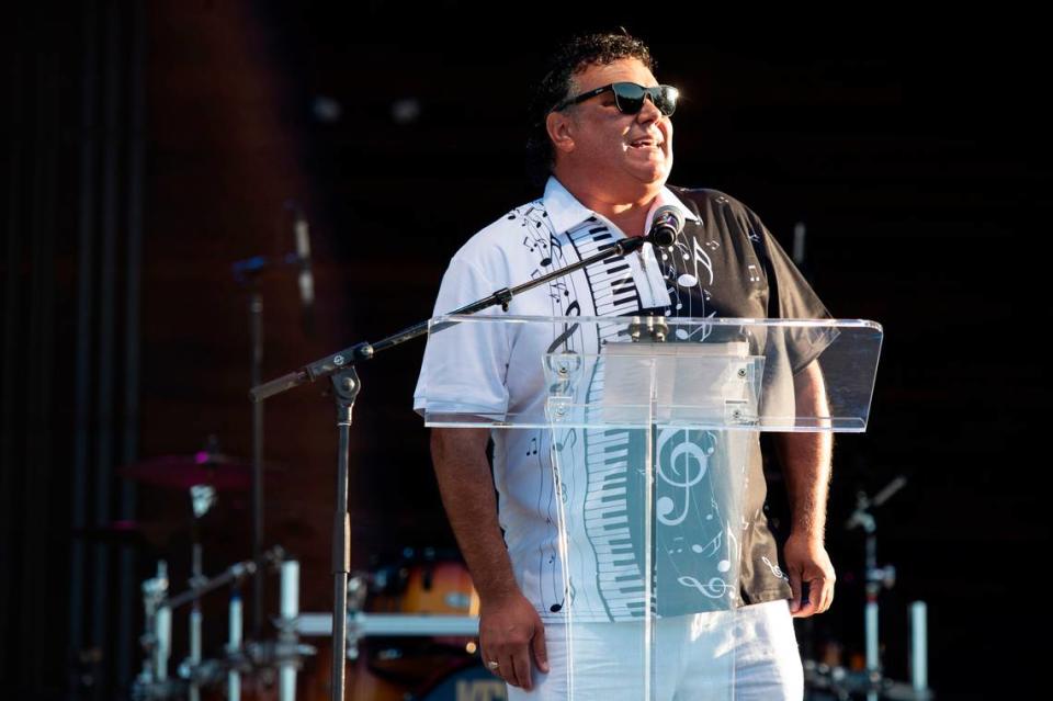 Gautier Mayor Casey Vaughn speaks before the start of the KC and The Sunshine Band concert and the official opening of The Sound Amphitheater in Gautier on Friday, April 12, 2024. Hannah Ruhoff/Sun Herald