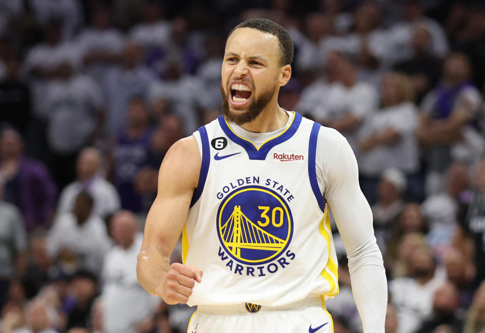 SACRAMENTO, CALIFORNIA - APRIL 30: Stephen Curry #30 of the Golden State Warriors celebrates during the third quarter in game seven of the Western Conference First Round Playoffs against the Sacramento Kings at Golden 1 Center on April 30, 2023 in Sacramento, California. NOTE TO USER: User expressly acknowledges and agrees that, by downloading and or using this photograph, User is consenting to the terms and conditions of the Getty Images License Agreement. (Photo by Ezra Shaw/Getty Images)