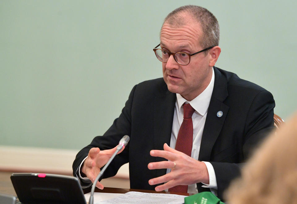 Hans Kluge, World Health Organization regional director for Europe, attends a meeting with Russian Prime Minister Mikhail Mishustin in Moscow, Russia September 23, 2020. Sputnik/Alexander Astafyev/Pool via REUTERS ATTENTION EDITORS - THIS IMAGE WAS PROVIDED BY A THIRD PARTY.