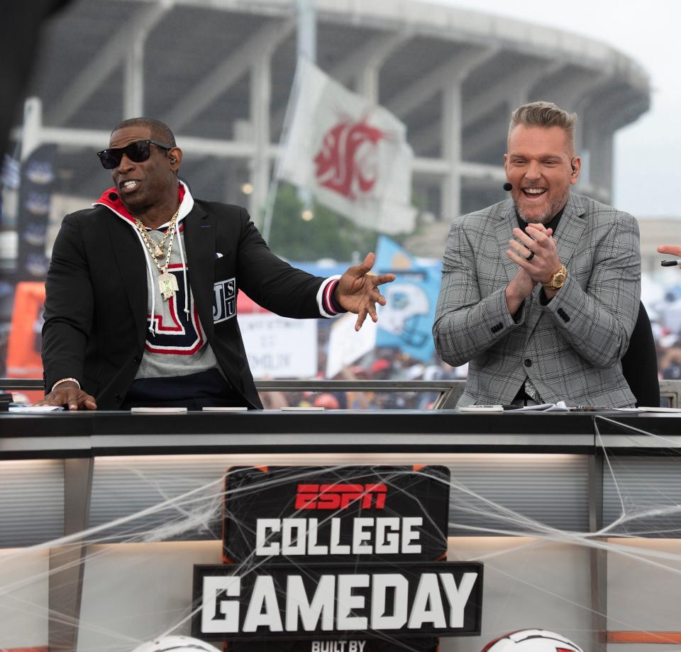 Pat McAfee reacts to Jackson State head coach Deion Sanders during "College GameDay."