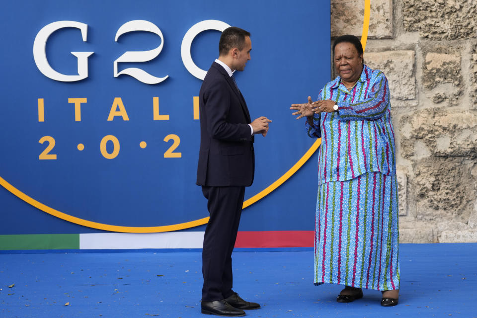 FILE - Italian Foreign Minister Luigi Di Maio, left, welcomes South Africa's International Relations and Cooperation Minister Naledi Pandor, at a G20 foreign affairs ministers' meeting, in Bari, southern Italy, June 28, 2021. The G20 group of the world's leading economies is welcoming the African Union as a permanent member, a powerful acknowledgement of the continent of more than 1.3 billion people as its countries seek a more important role on the global stage. . (AP Photo/Antonio Calanni, File)