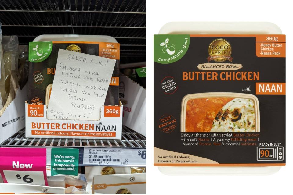 Handwritten review of Woolworths butter chicken ready meal