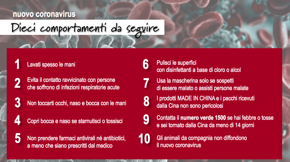 El Gobierno italiano emitió unos días antes de estallar el brote de coronavirus en el país un decálogo de prácticas para evitar el contagio que ha cobrado ahora protagonismo. (Foto: Ministero della Salute)