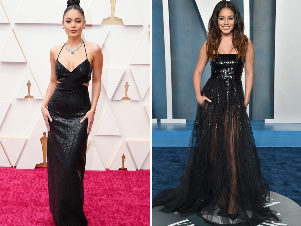 Vanessa Hudgens at the Oscars (left) and the actress at the after party (right).