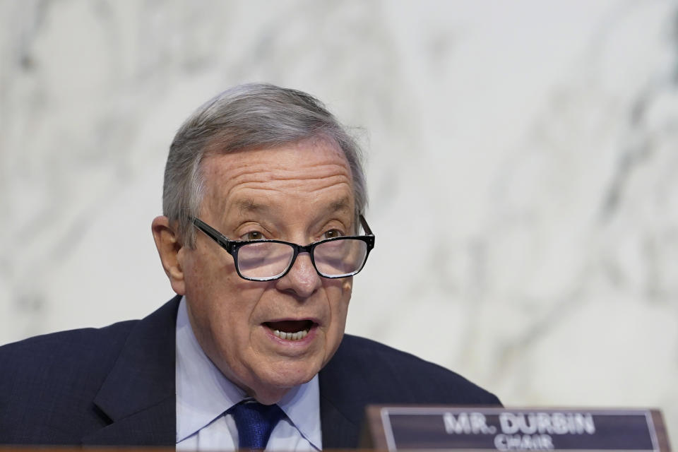 Sen. Dick Durbin, D-Ill., asks question during the Senate Judiciary Committee oversight hearing, Thursday, Sept. 29, 2022, on Capitol Hill in Washington. (AP Photo/Mariam Zuhaib)