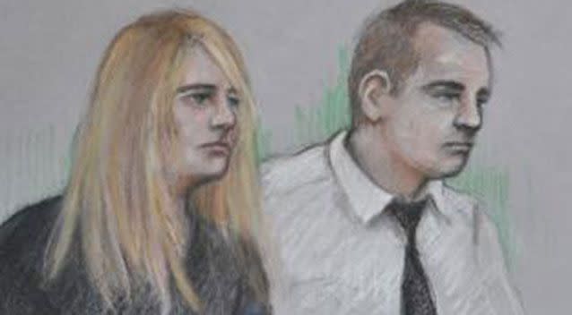 Court artist sketch by Elizabeth Cook of Jennie Gray and Ben Butler in the dock at the Old Bailey in London. Source: Press Association.