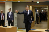 Croatia's Prime Minister Andrej Plenkovic arrives for a round table meeting at an EU summit in Brussels, Thursday, April 18, 2024. European Union leaders vowed on Wednesday to ramp up sanctions against Iran as concern grows that Tehran's unprecedented attack on Israel could fuel a wider war in the Middle East. (AP Photo/Omar Havana)