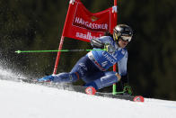 Italy's Federica Brignone competes during the first run of an alpine ski, women's World Cup giant slalom race, in Saalbach, Austria, Sunday, March 17, 2024. (AP Photo/Alessandro Trovati)