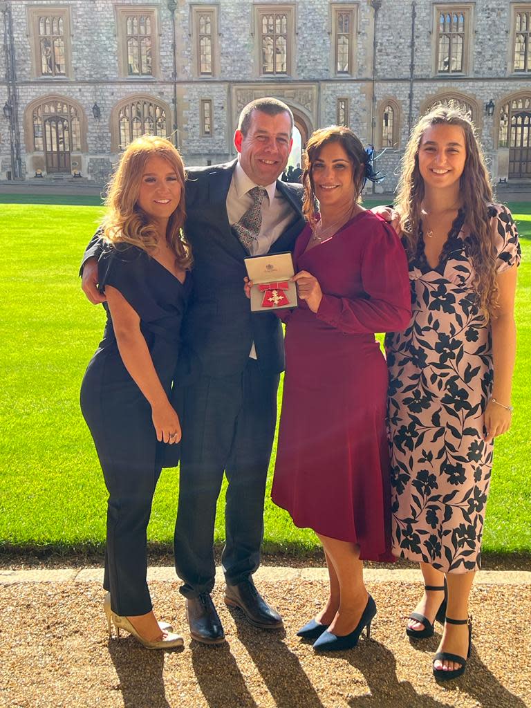 Liz with Dave, Katie and Rosie on receving an MBE in the October 2022 Honours List 