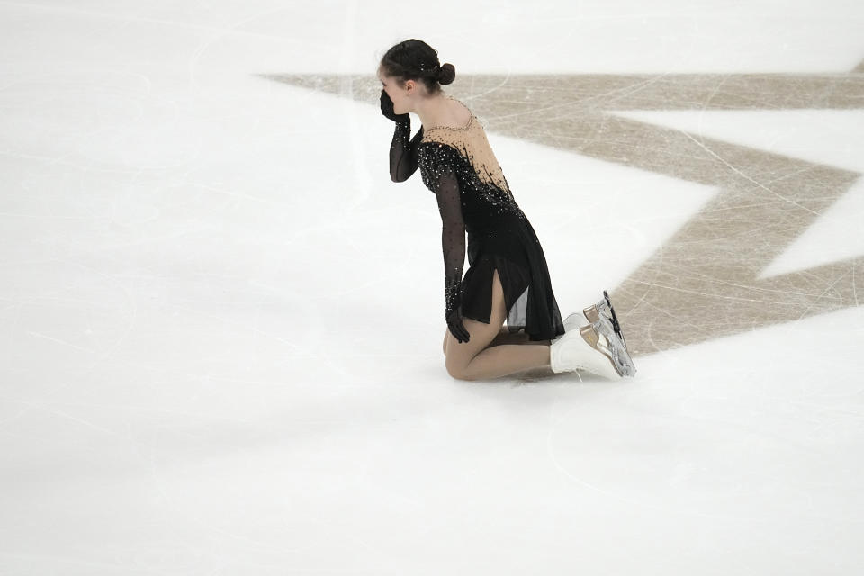 Isabeau Levito reacts after competing during the women's free skate at the U.S. figure skating championships Friday, Jan. 26, 2024, in Columbus, Ohio. (AP Photo/Sue Ogrocki)