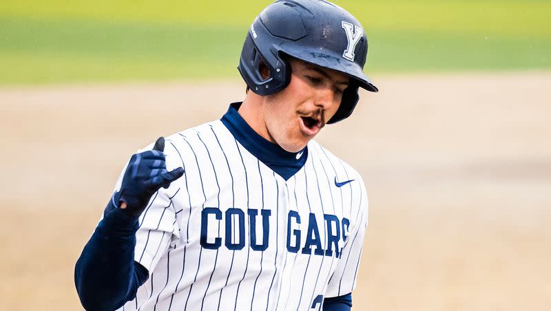 BYU’s Brock Watkins rounds the bases during a game against UNC Greensboro last season. After missing much of the 2023 season, Watkins is happy to be back contributing for the Cougars this season.