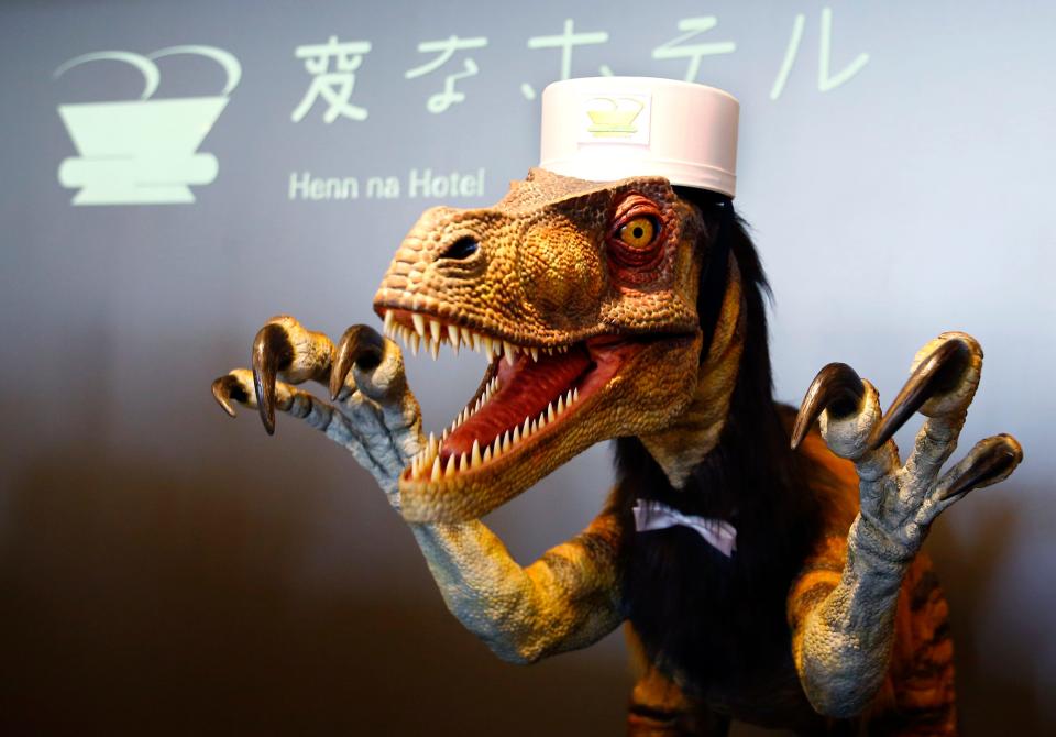 In 2015, Japan’s Henn na Hotel claimed to be the first of its kind to welcome an AI staff, with guests greeted by robotic dinosaurs as front-desk assistants.