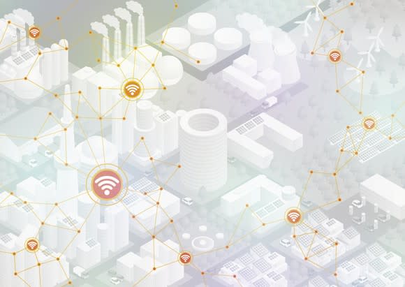 Graphic of a factory with wireless connections