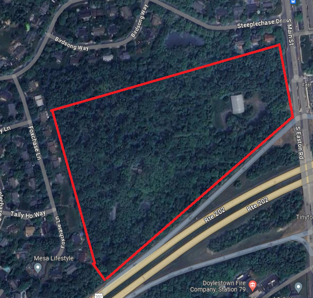 Outline of the Hart property in Doylestown Township, where a sketch plan discussion at tonight's supevisors' meeting has riled some neighbors concerned about housing and commercial development.