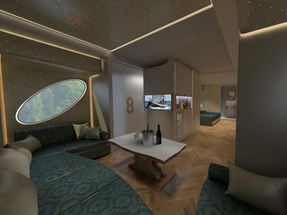 A rendering of the living room inside of one of Marchi Mobile's vehicles.