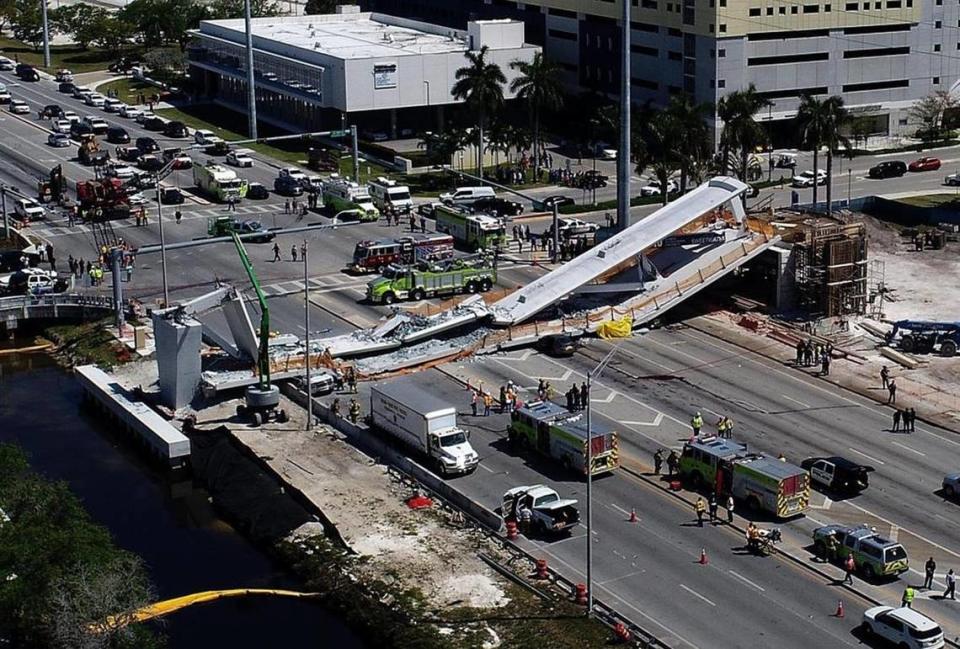 An aerial view of the collapsed FIU pedestrian bridge across Southwest Eighth Street that left six people dead on March 15, 2018. The bridge was under construction when it collapsed.