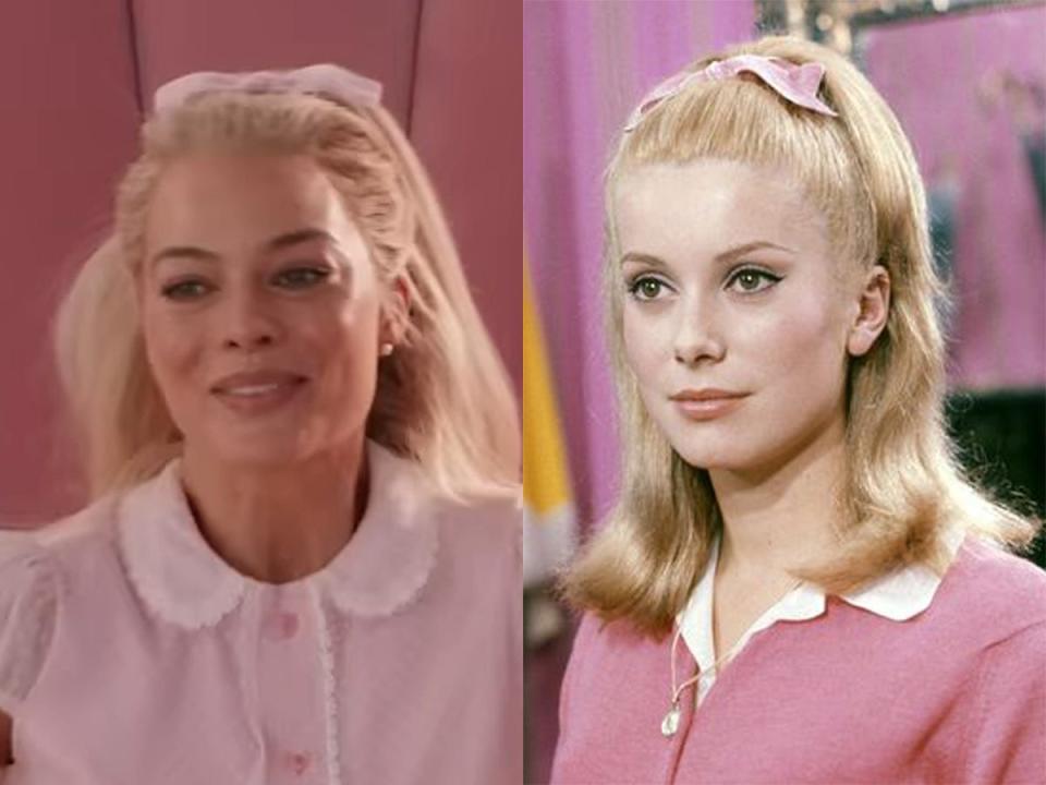Left: Margot Robbie "Barbie." Right: Catherine Deneuve in "The Umbrellas of Cherbourg."
