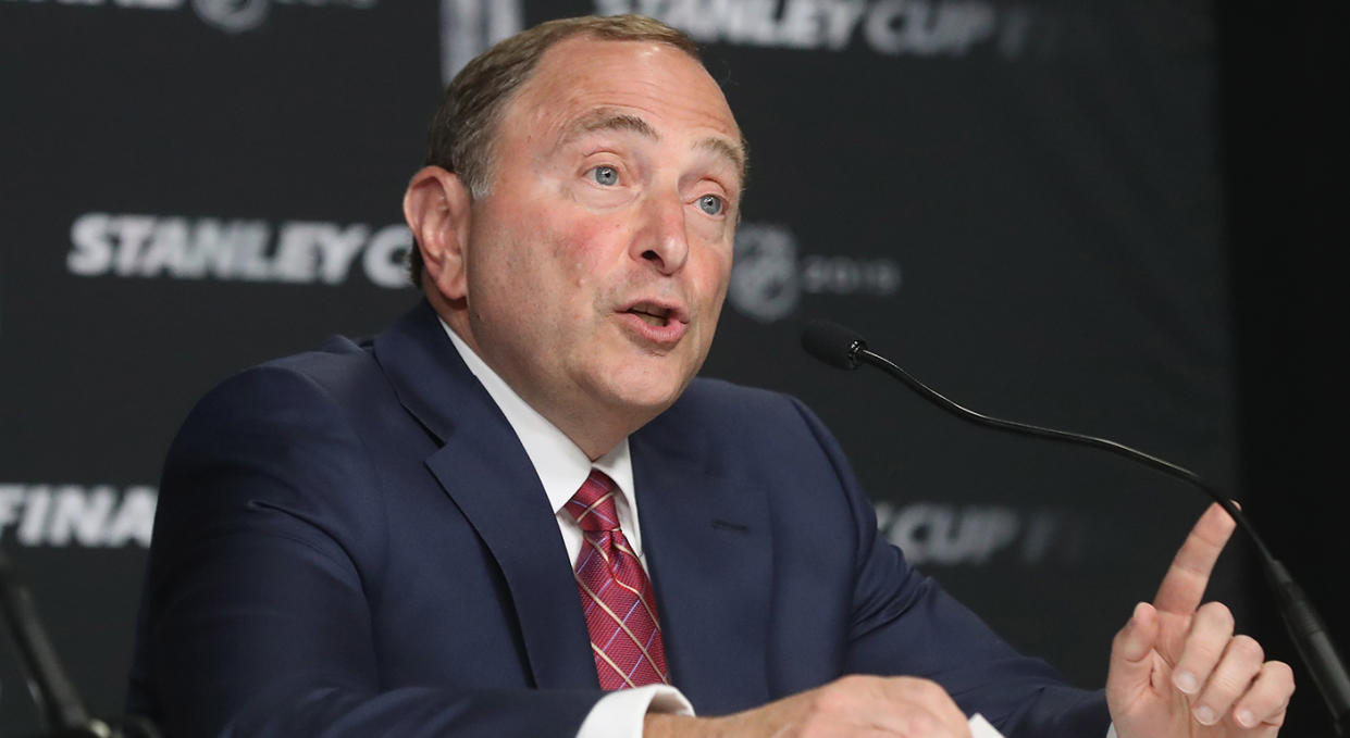 BOSTON, MASSACHUSETTS - MAY 27: Commissioner Gary Bettman of the National Hockey League speaks with the media prior to Game One of the 2019 NHL Stanley Cup Final at TD Garden on May 27, 2019 in Boston, Massachusetts. (Photo by Bruce Bennett/Getty Images) 