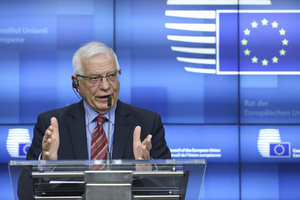 European Union foreign policy chief Josep Borrell speaks during a media conference after a meeting of EU foreign ministers at the European Council building in Brussels, Monday, March 22, 2021. The European Union imposed Monday sanctions on four Chinese officials accused of responsibility for abuses against Uyghur Muslims, provoking swift retaliation from Beijing. (Aris Oikonomou, Pool via AP)