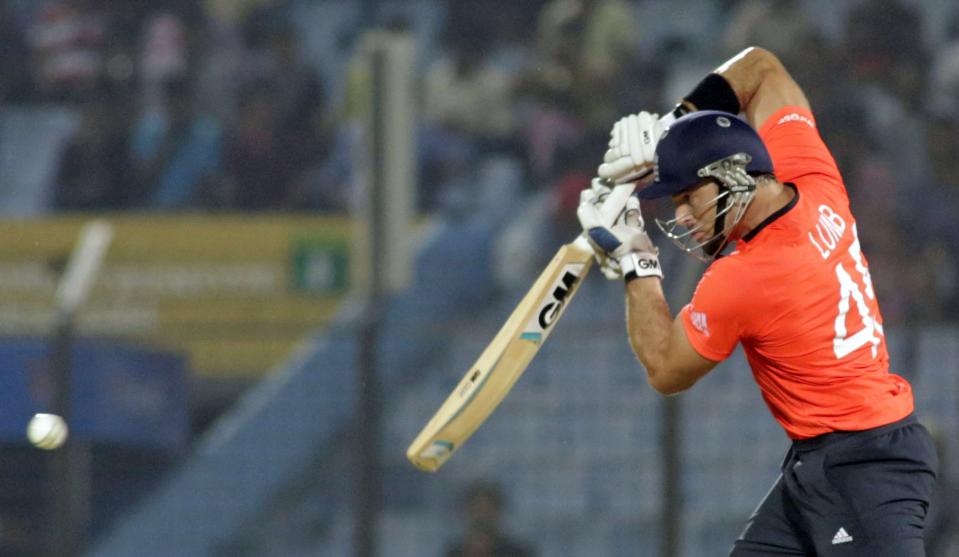 England's Michael Lumb plays a shot during an ICC Twenty20 Cricket World Cup match against New Zealand in Chittagong, Bangladesh, Saturday, March 22, 2014. (AP Photo/Bikas Das)