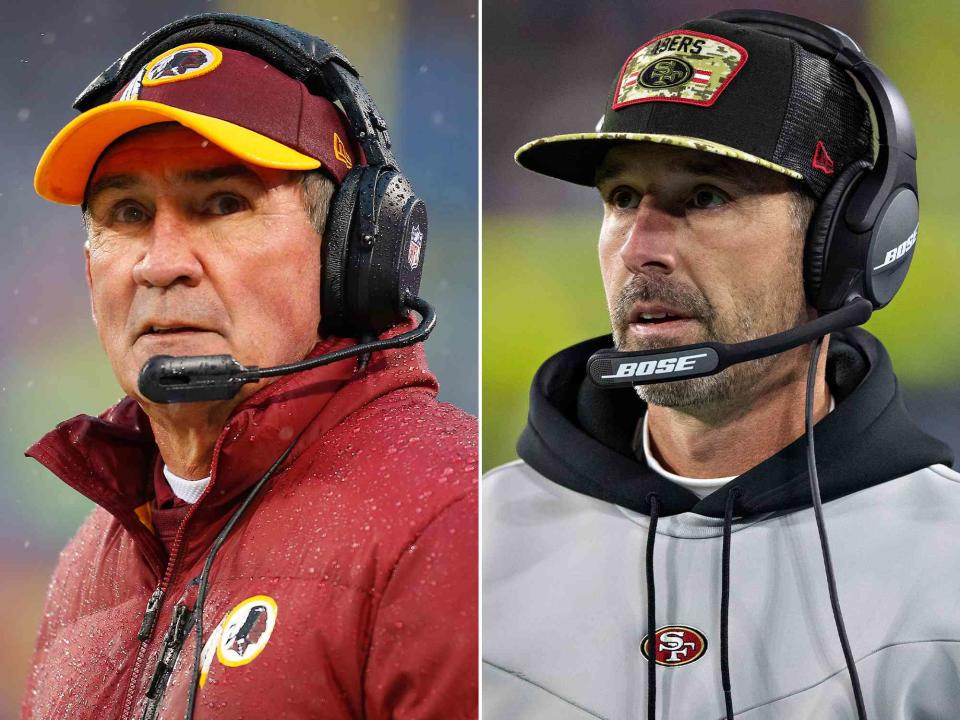 <p>Mike Stobe/Getty ; Wesley Hitt/Getty</p> Left: Mike Shanahan of the Washington Redskins looks on from the sidelines during the game against the New York Giants at MetLife Stadium on December 29, 2013. Right: Kyle Shanahan of the San Francisco 49ers on the sidelines during a game against the Tennessee Titans at Nissan Stadium on December 23, 2021 in Nashville, Tennessee.   