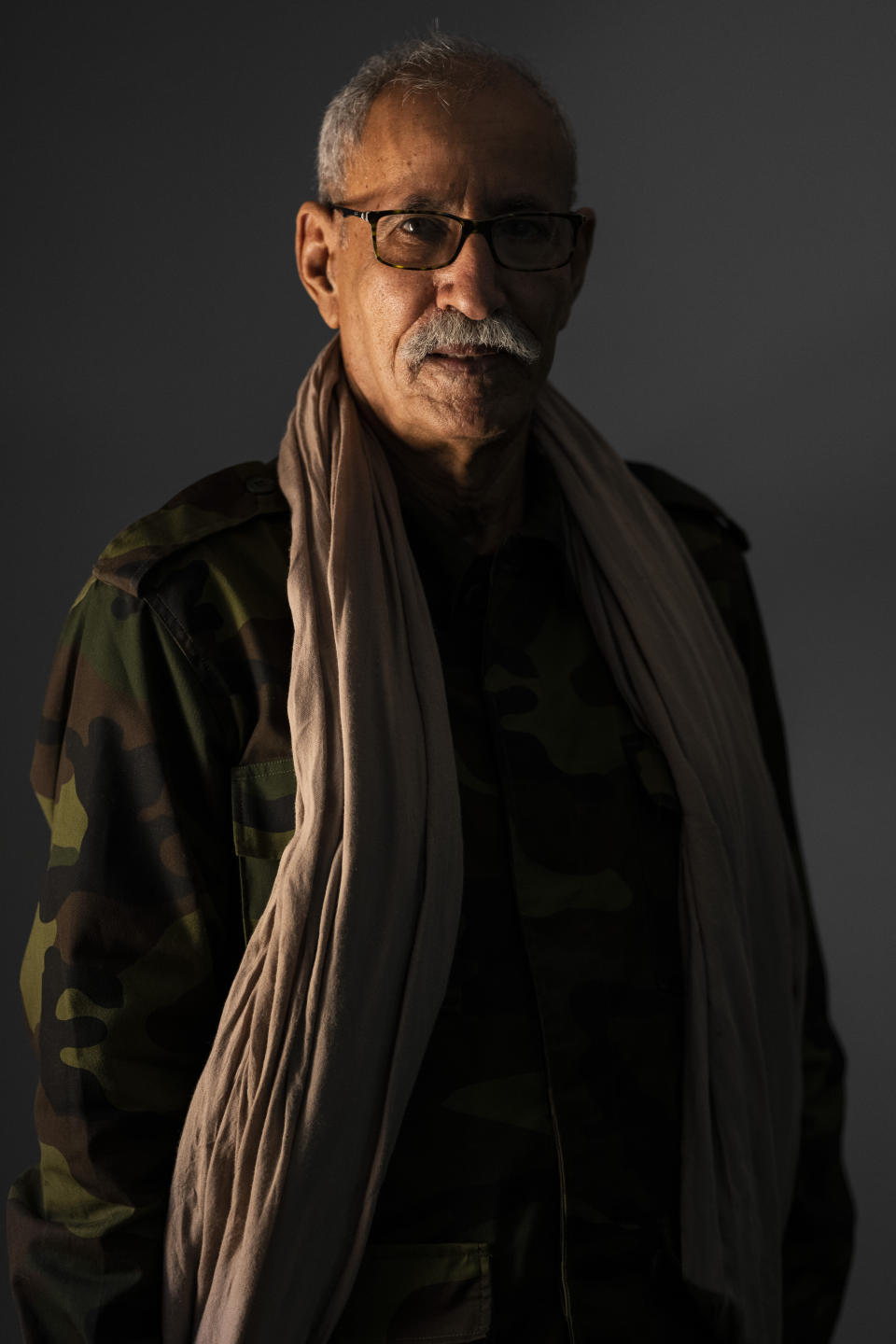 Brahim Ghali, head of the Polisario Front and the self-declared Sahrawi Democratic Arab Republic, poses for a portrait in Boujdour refugee camp, Algeria, Saturday, Oct. 16, 2021. (AP Photo/Bernat Armangue)