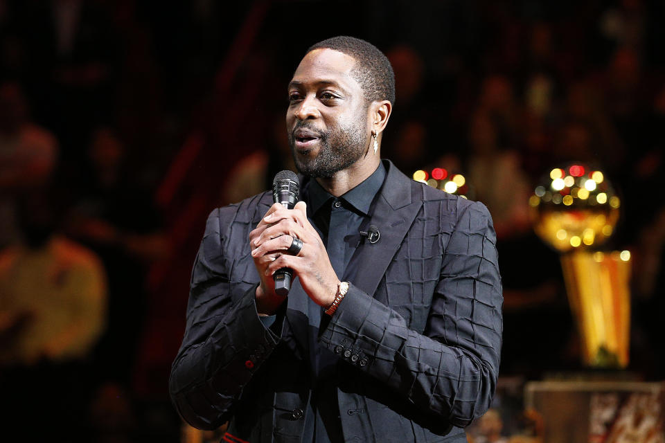 Dwyane Wade and his earring at this jersey retirement ceremony in Miami on Feb. 22.