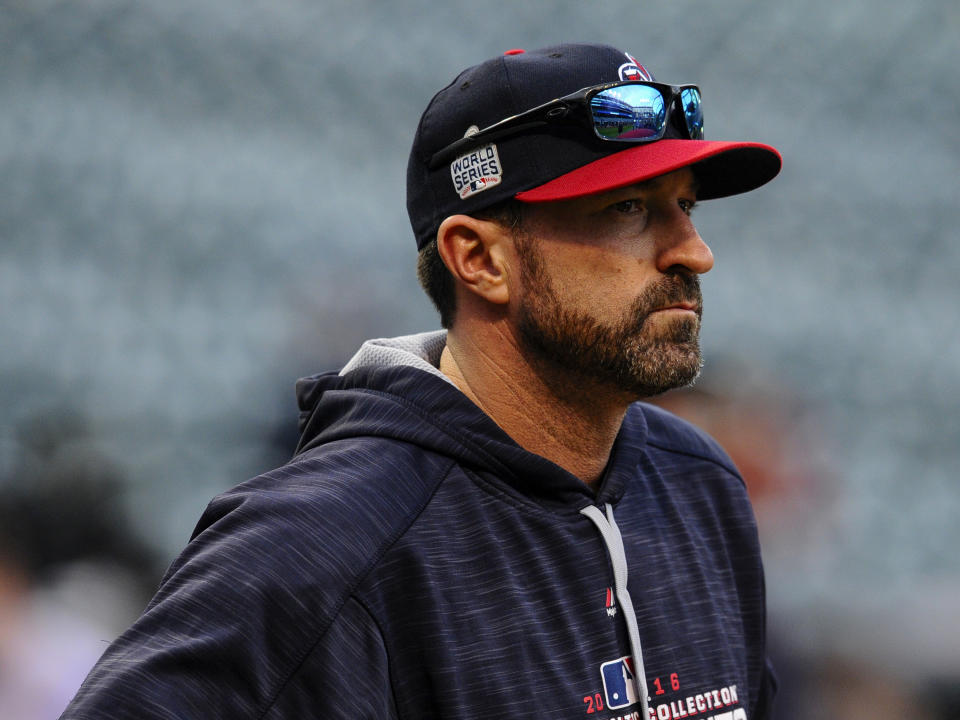 CLEVELAND, OH - NOVEMBER 1, 2016: Pitching coach Mickey Callaway #32 of the Cleveland Indians stands on the field prior to Game 6 of the World Series against the Chicago Cubs on November 1, 2016 at Progressive Field in Cleveland, Ohio. Chicago won 9-3. 
_2315868
2016 Nick Cammett/Diamond Images/Getty Images  