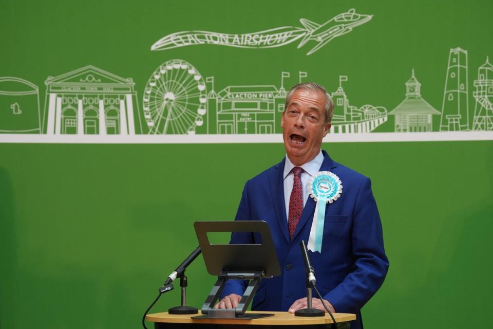 Reform UK leader Nigel Farage gives a victory speech at Clacton Leisure Centre in Essex (Joe Giddens/PA)