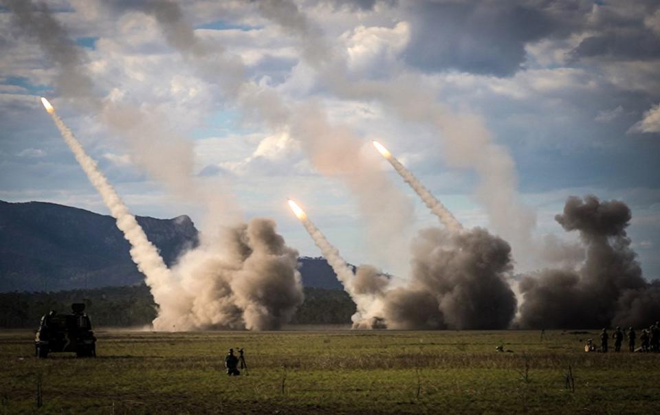 PHOTO: A missile is launched during joint military drills as part of Exercise Talisman Sabre, the largest combined training activity between the Australian Defense Force and the United States military, in Queensland, Australia, on July 22, 2023. (Andrew Leeson/AFP via Getty Images)