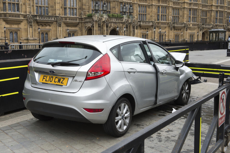 The silver Ford Fiesta driven by Salih Khater after it crashed outside the Houses of Parliament (Picture: PA)