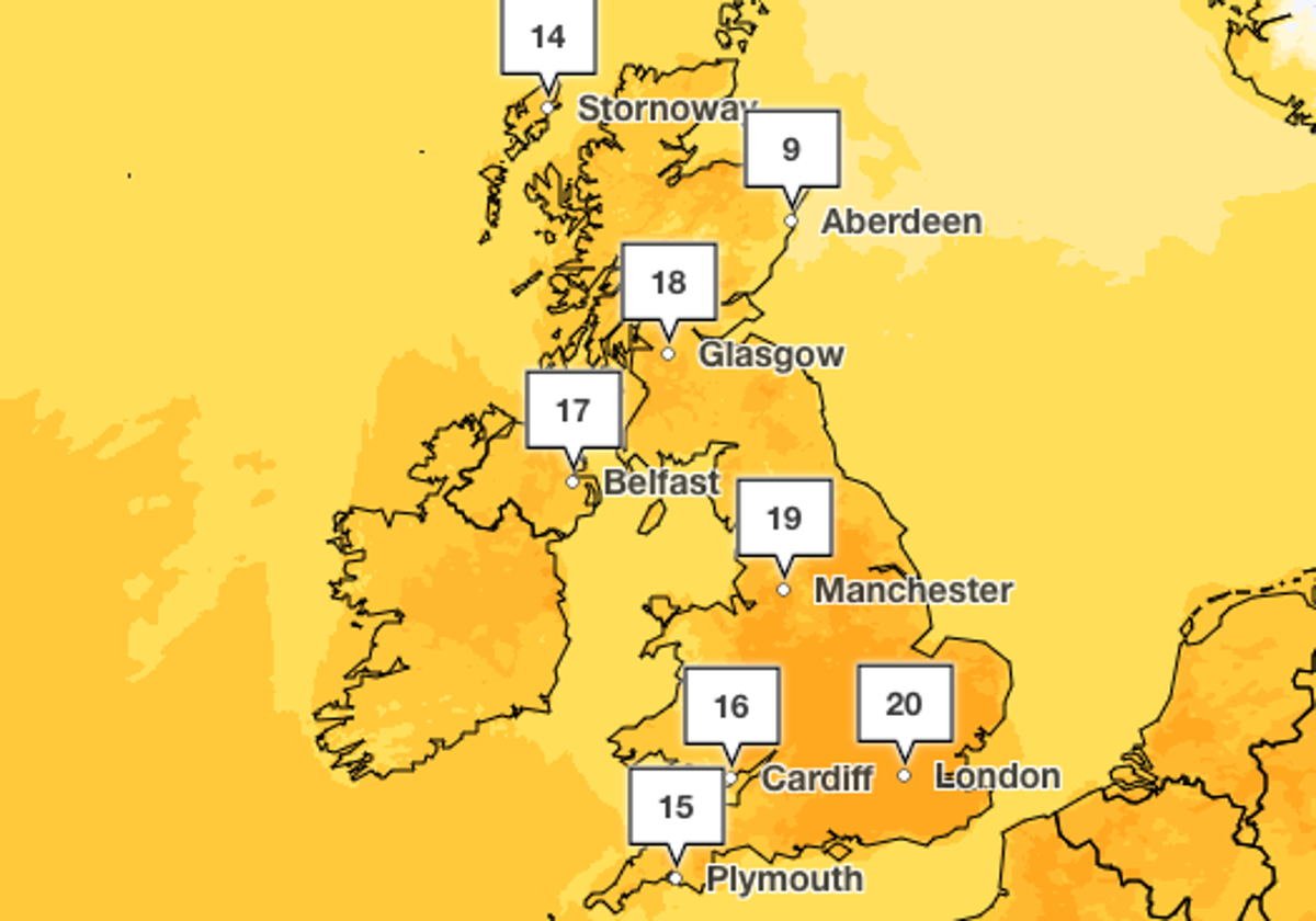 Temperatures for Sunday 7 May are expected to reach 20C (Met Office)
