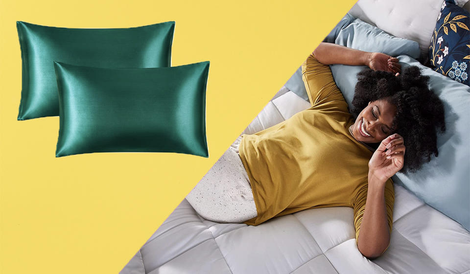 Left: green satin pillows; Right: Woman smiling in bed