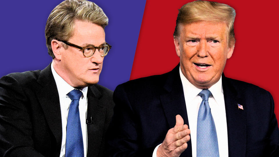 Joe Scarborough and President Trump. (Photo illustration: Yahoo News; photos: Scott Kowalchyk/CBS via Getty Images, AP)