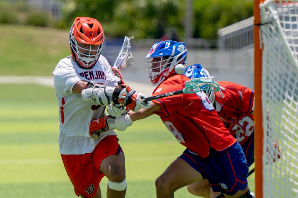 The Benjamin Buccaneers Jayden Vega (3) scores a goal during their game with Bolles Bulldogs in a State Lacrosse Semifinal matchup on Thursday May, 9, 2024 at the Paradise Coast Sports Complex in Naples. Photo By Chris Tilley