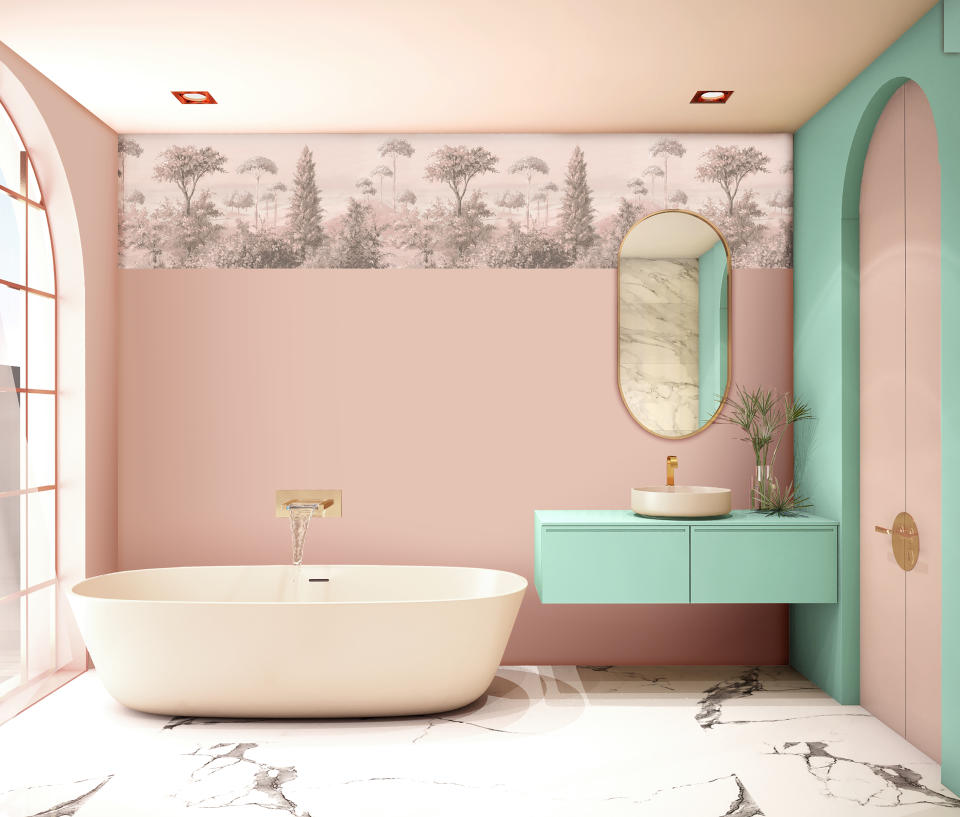 <p> Sitting at opposite ends of the color wheel, pink and green is a match made in heaven, but when they take a pastel twist, the look becomes even more whimsical. This striking wall hung vanity unit pops against the soft pink wall for a space that's sure to brighten your every morning.  </p>